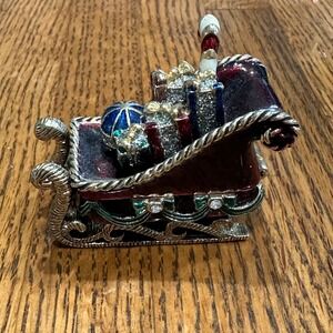 Monet Christmas Sleigh Trinket Box Unisex OS Burgundy Excellent Enamel Jeweled